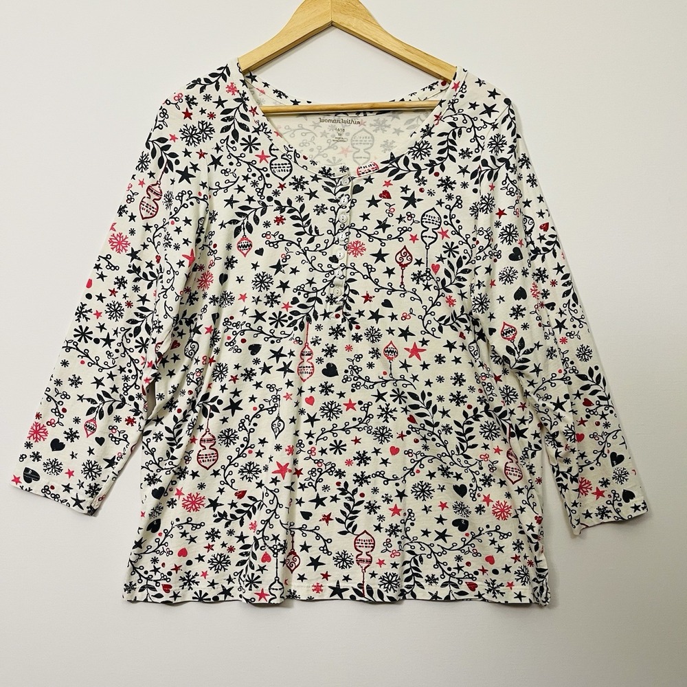 Woman Within Ditzy Holiday Print Long Sleeve Top Cotton Cream Red Black Sz 14/16